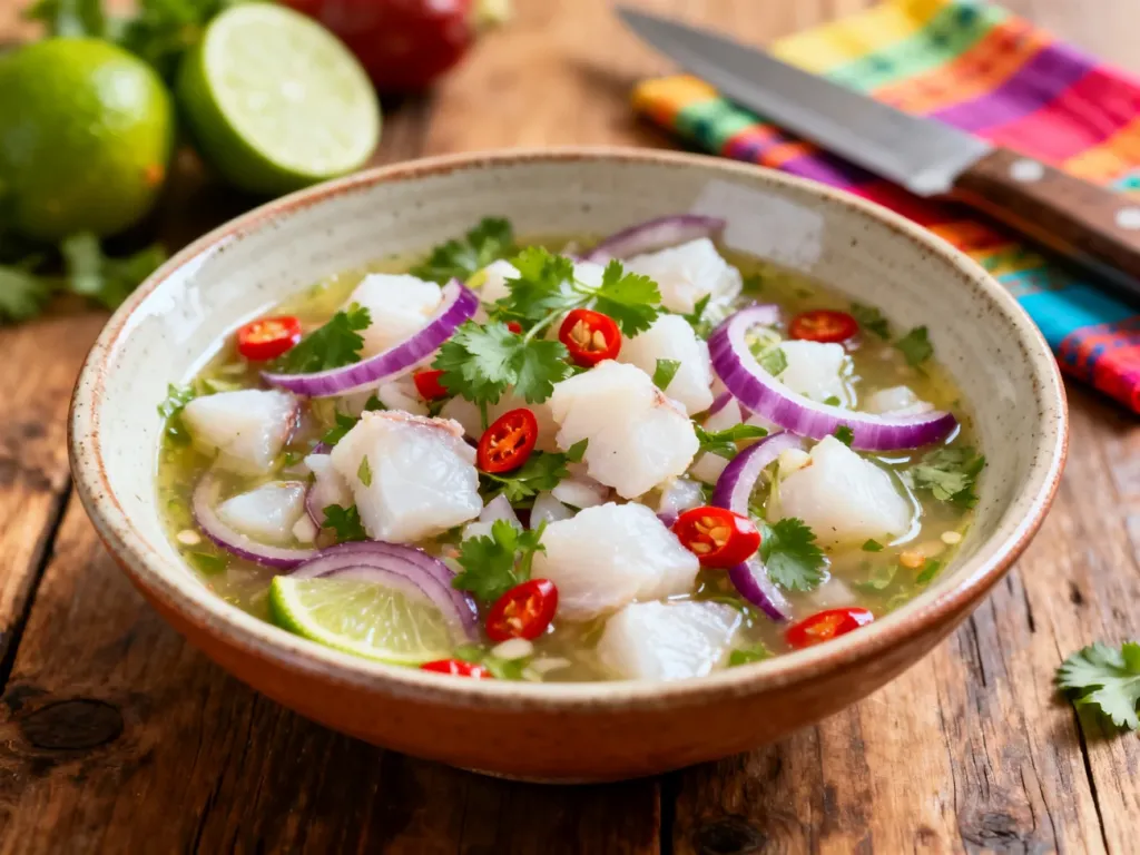Świeże ceviche z białej ryby, limonki, czerwonej cebuli i kolendry podane w ceramicznej misce na rustykalnym stole.