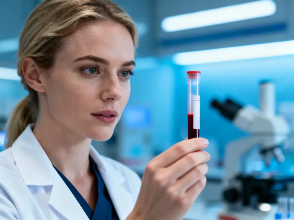 Pracownik laboratorium trzymający probówkę z próbką krwi w nowoczesnym gabinecie medycznym.