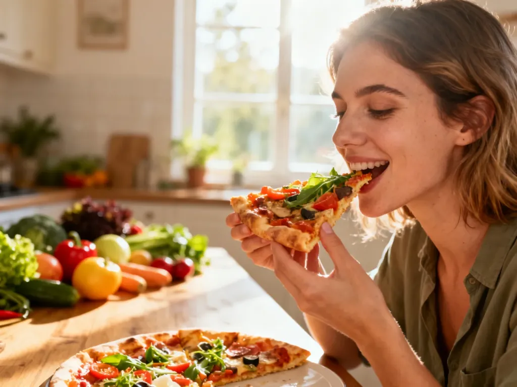 Kobieta z radością je kawałek pizzy w kuchni, co symbolizuje chwilę odskoczni od zdrowej diety w ramach cheat day.
