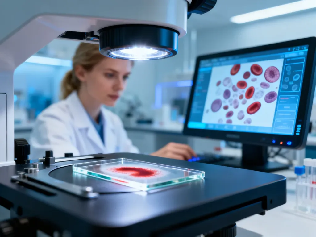 Laborant analizujący rozmaz krwi pod mikroskopem w profesjonalnym laboratorium medycznym.
