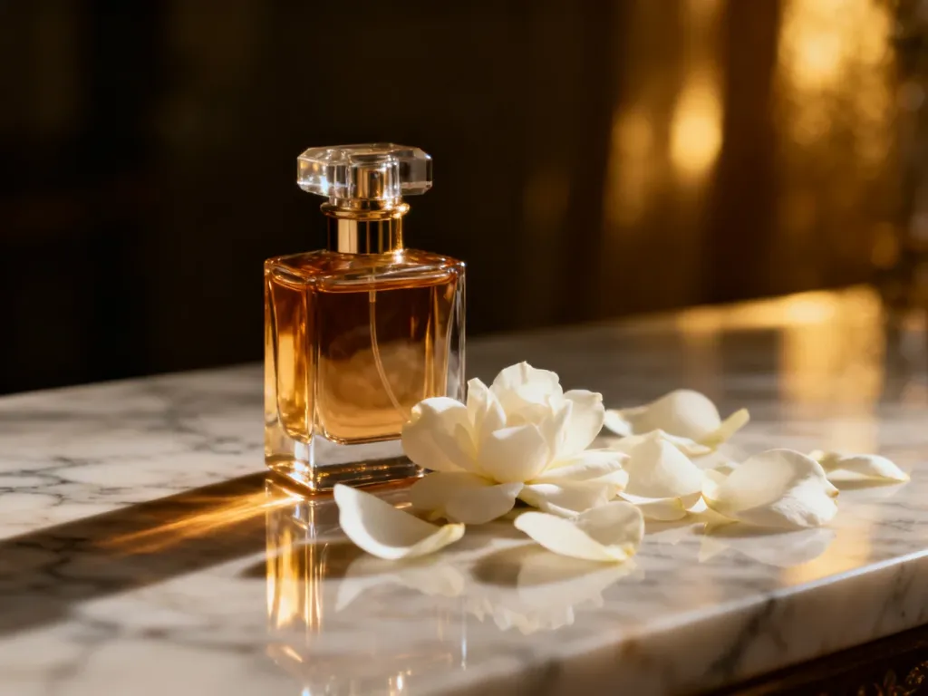 Luksusowy flakon perfum na marmurowym blacie w otoczeniu białych płatków kwiatów, podkreślający elegancję zapachu piżma.