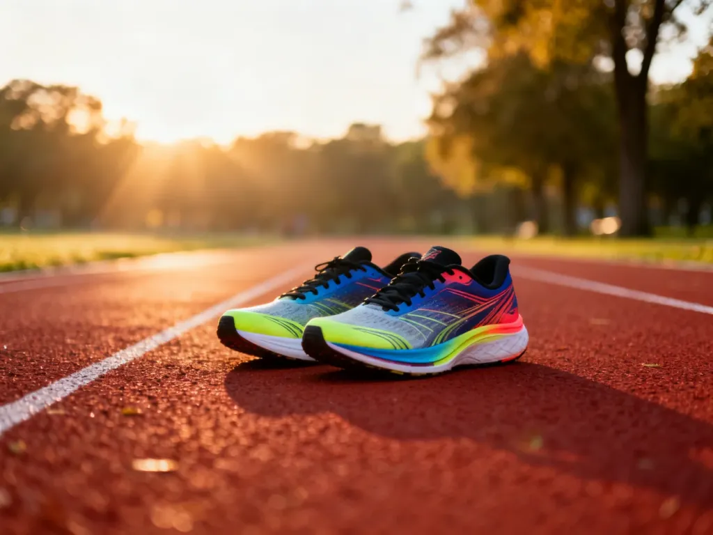 Profesjonalne buty do biegania na bieżni lekkoatletycznej w blasku porannego słońca, gotowe do rozpoczęcia treningu.