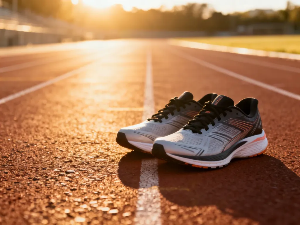 Profesjonalne buty do biegania na bieżni lekkoatletycznej w świetle poranka, zachęcające do rozpoczęcia treningu.