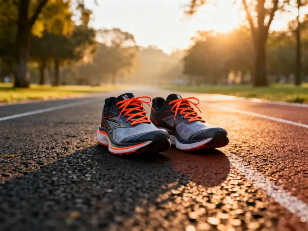 Profesjonalne buty do biegania na asfaltowej bieżni w blasku porannego słońca, gotowe do treningu na 10 km.