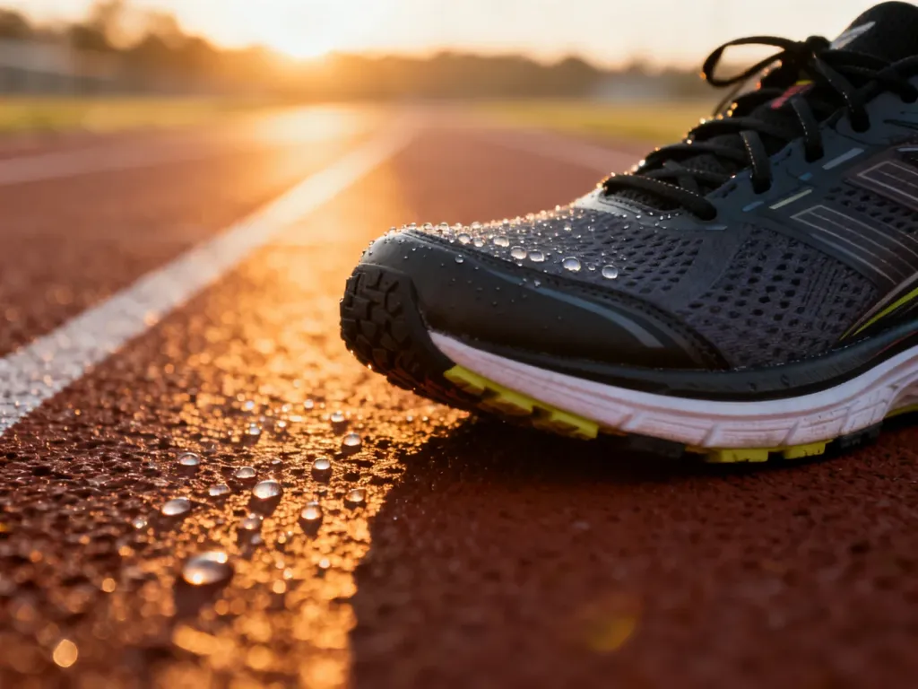 Profesjonalne buty do biegania na bieżni lekkoatletycznej o wschodzie słońca, gotowe do treningu.