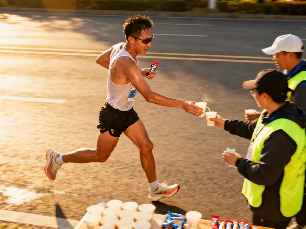 Biegacz uzupełniający energię i płyny podczas maratonu