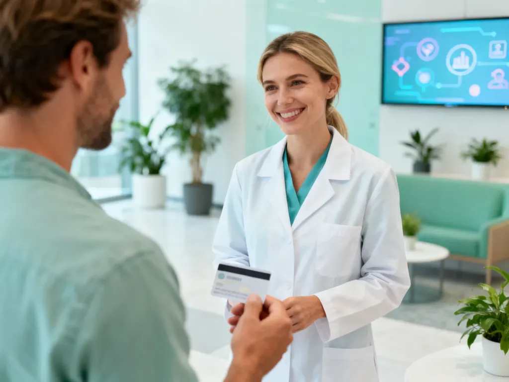 Lekarka w recepcji prywatnej kliniki rozmawia z pacjentem trzymającym kartę abonamentu medycznego, brak kolejki w tle.