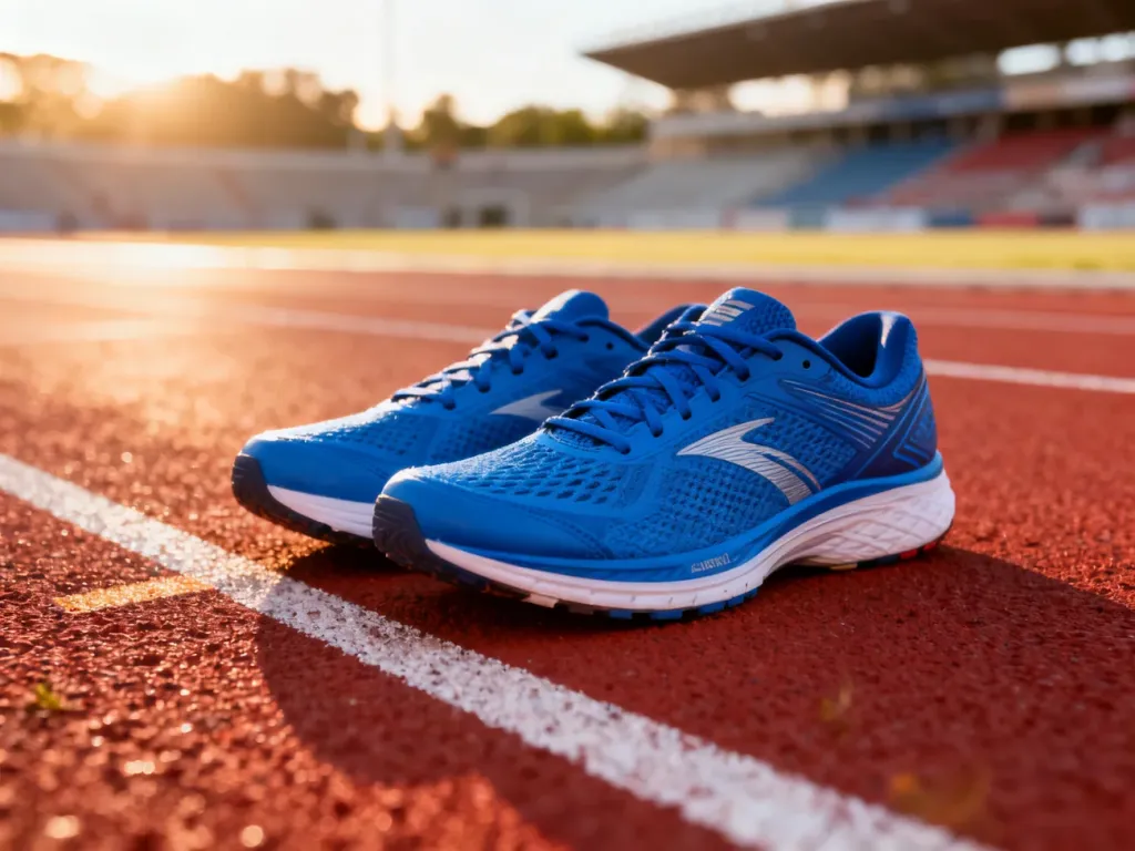 Profesjonalne buty do biegania na syntetycznej bieżni lekkoatletycznej w świetle poranka, gotowe do treningu interwałowego.