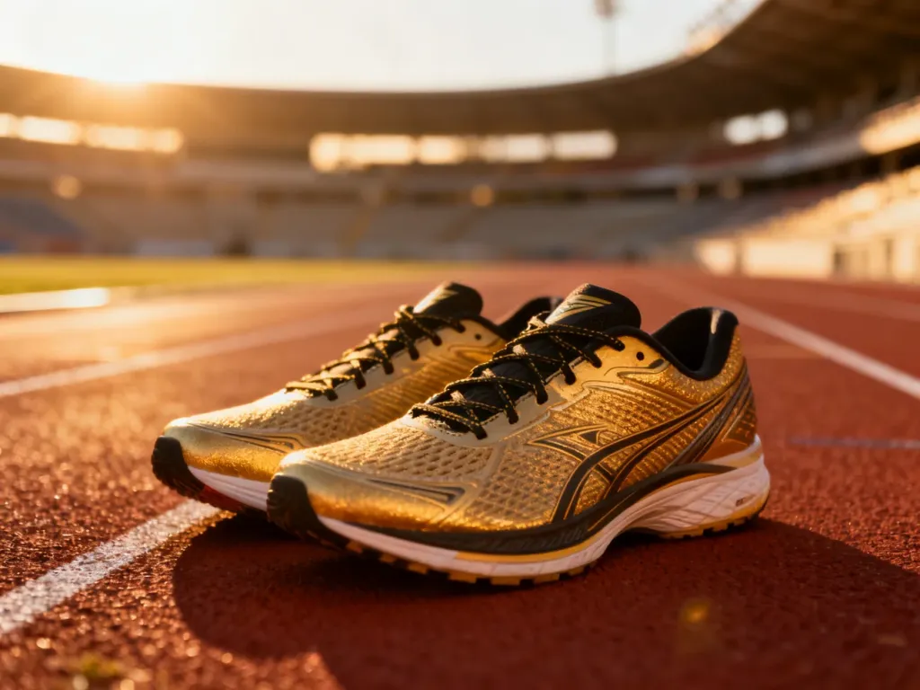 Profesjonalne buty do biegania na bieżni lekkoatletycznej w świetle poranka, gotowe do treningu na 5 km.