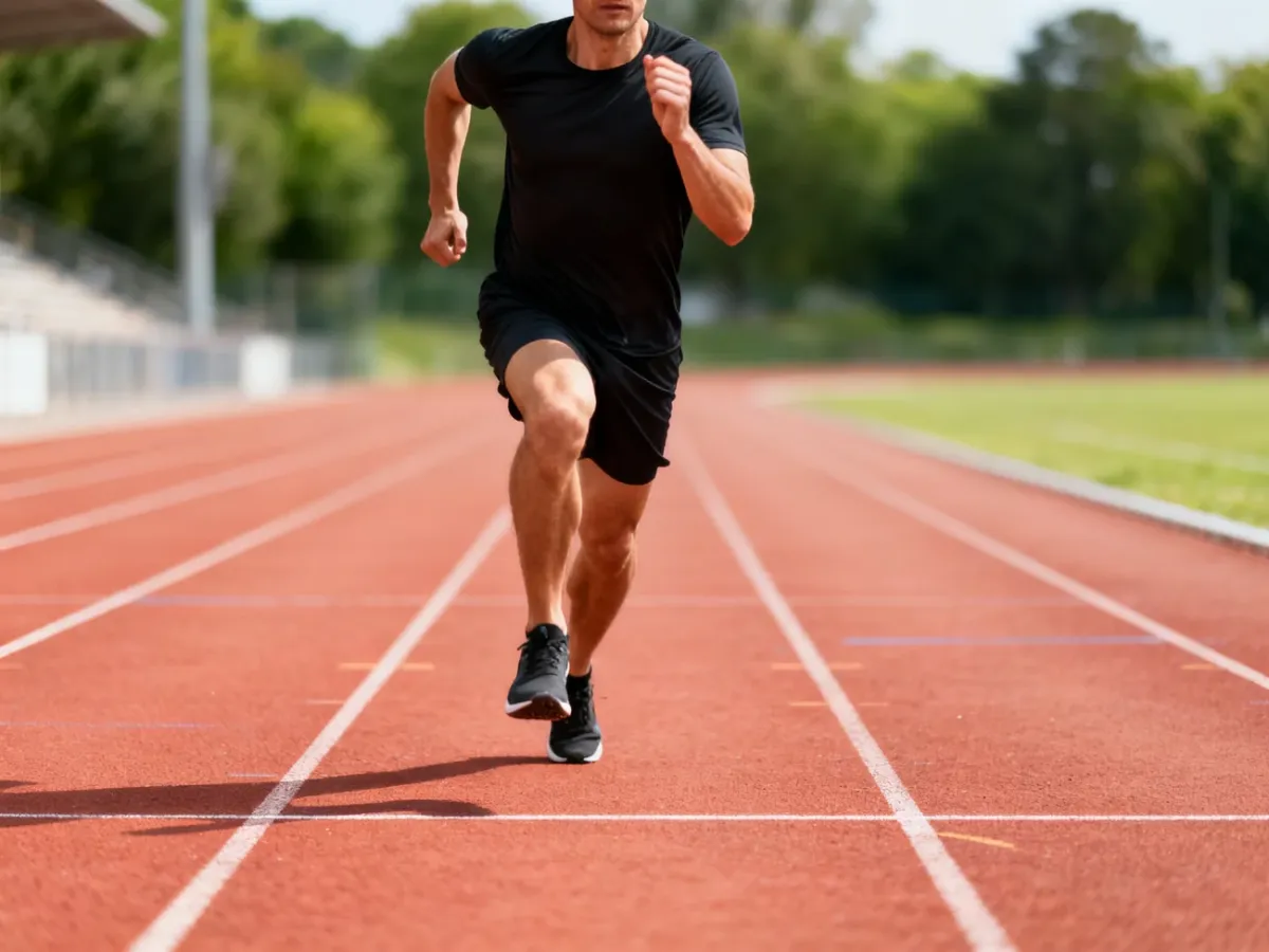 Biegacz wykonujący skip A na bieżni lekkoatletycznej