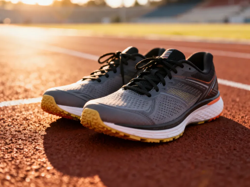 Profesjonalne buty do biegania na bieżni lekkoatletycznej w świetle poranka, gotowe do treningu.