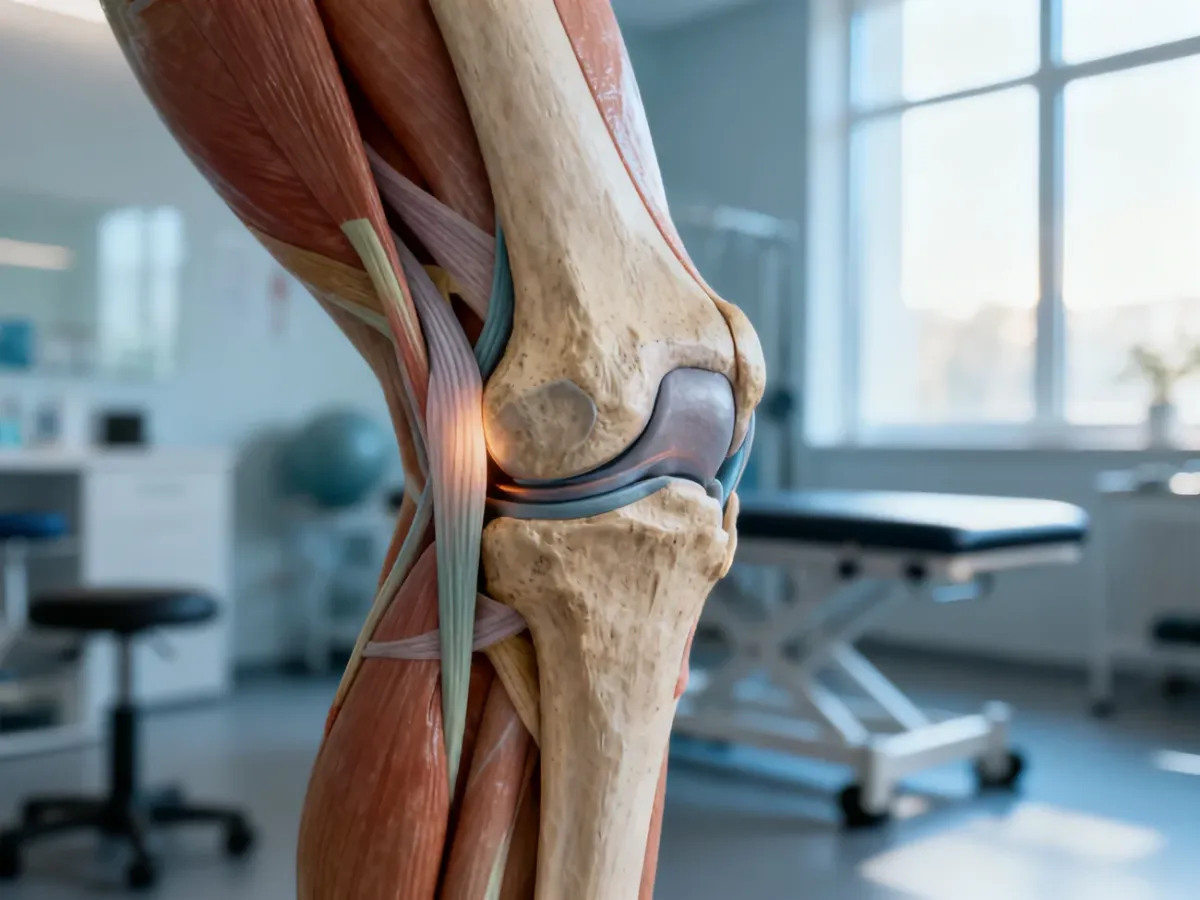 Anatomiczny model stawu kolanowego z zaznaczonym obszarem więzadła bocznego w nowoczesnym gabinecie fizjoterapii.