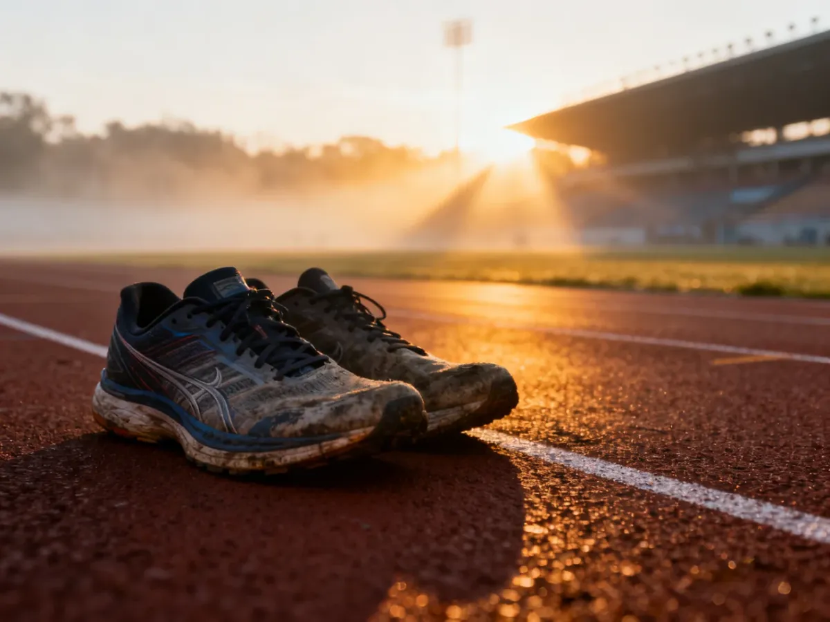 Zużyte buty biegowe na bieżni lekkoatletycznej o świcie, symbolizujące przygotowania do ultramaratonu.