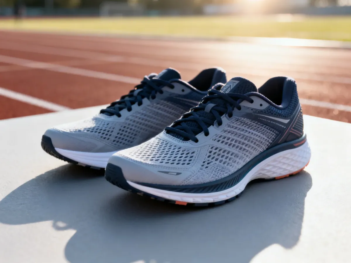 Profesjonalne buty do biegania na neutralnym tle, z rozmytym torem lekkoatletycznym w tle.
