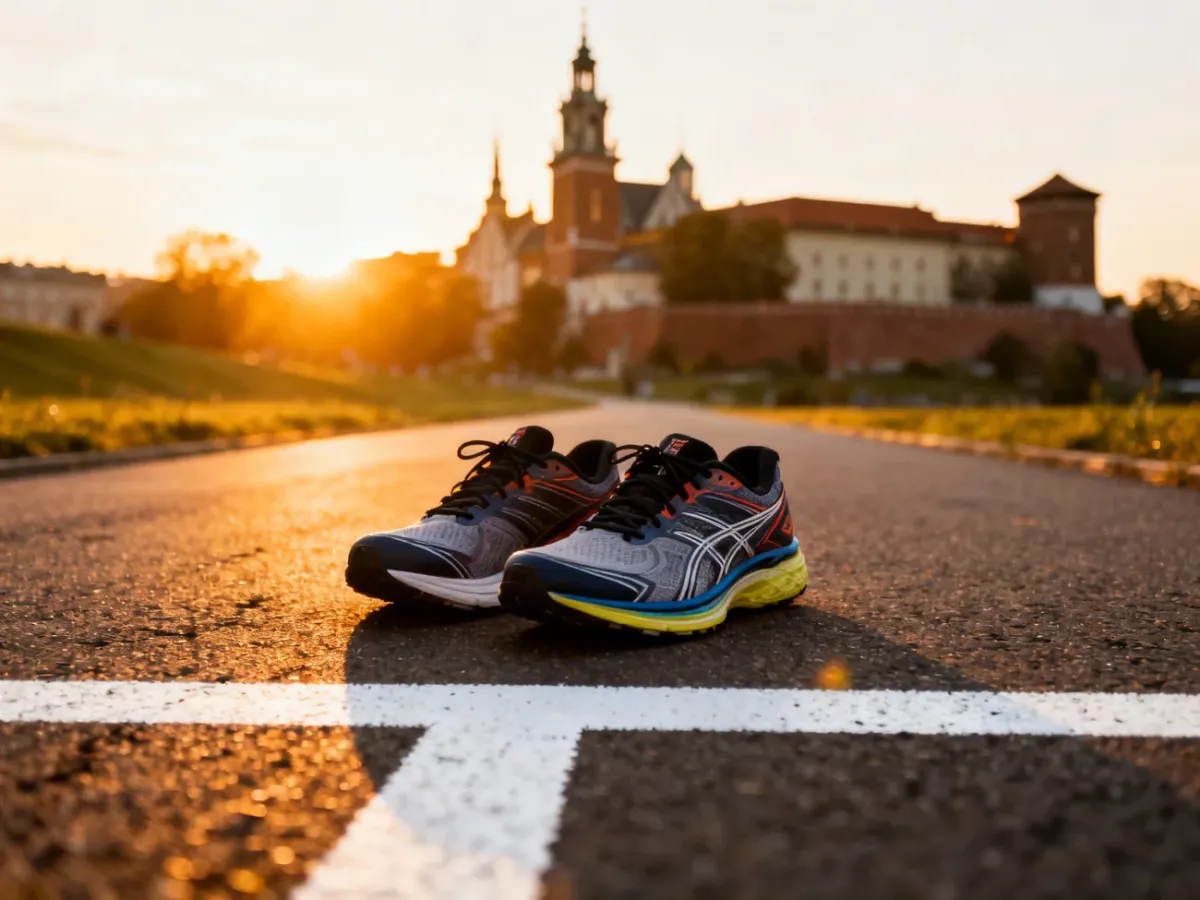 Profesjonalne buty do biegania na linii startu z widokiem na Wawel o wschodzie słońca w Krakowie.