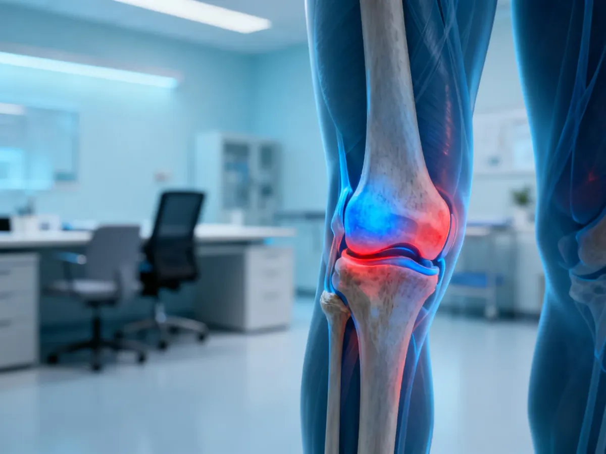 Anatomiczna wizualizacja stanu zapalnego stawu kolanowego z zaznaczonym obrzękiem w klinicznym otoczeniu.