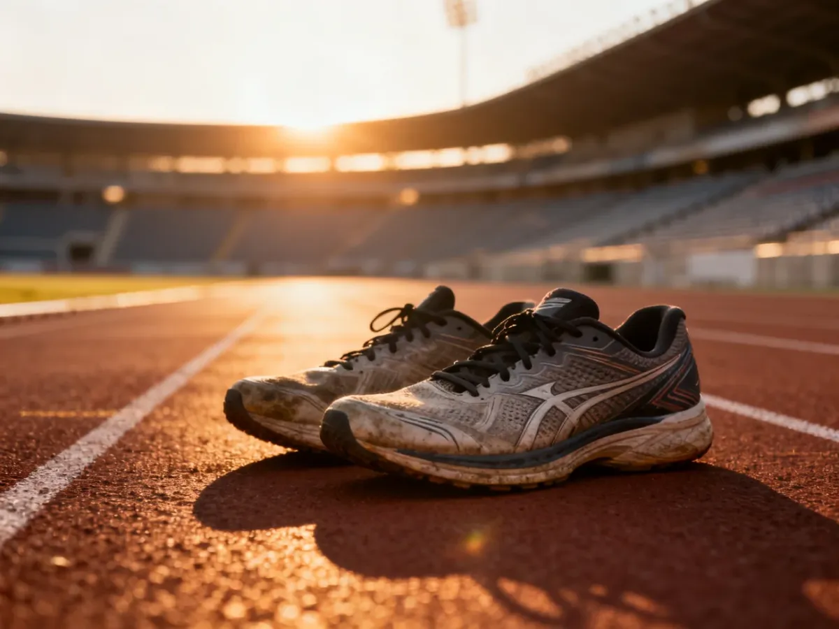 Profesjonalne buty do biegania na bieżni lekkoatletycznej o wschodzie słońca, symbolizujące gotowość do treningu.