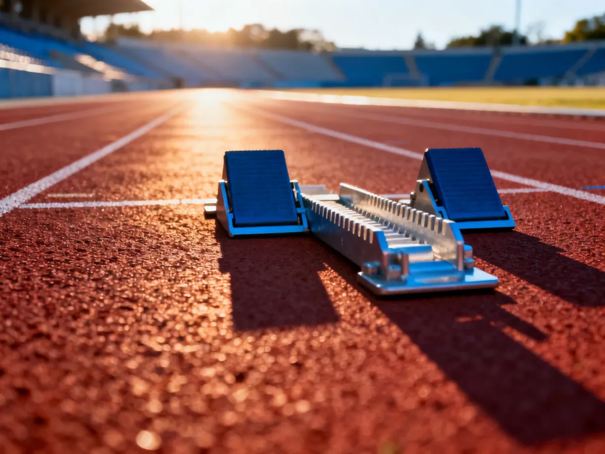 Profesjonalne bloki startowe na czerwonej bieżni lekkoatletycznej w blasku porannego słońca.