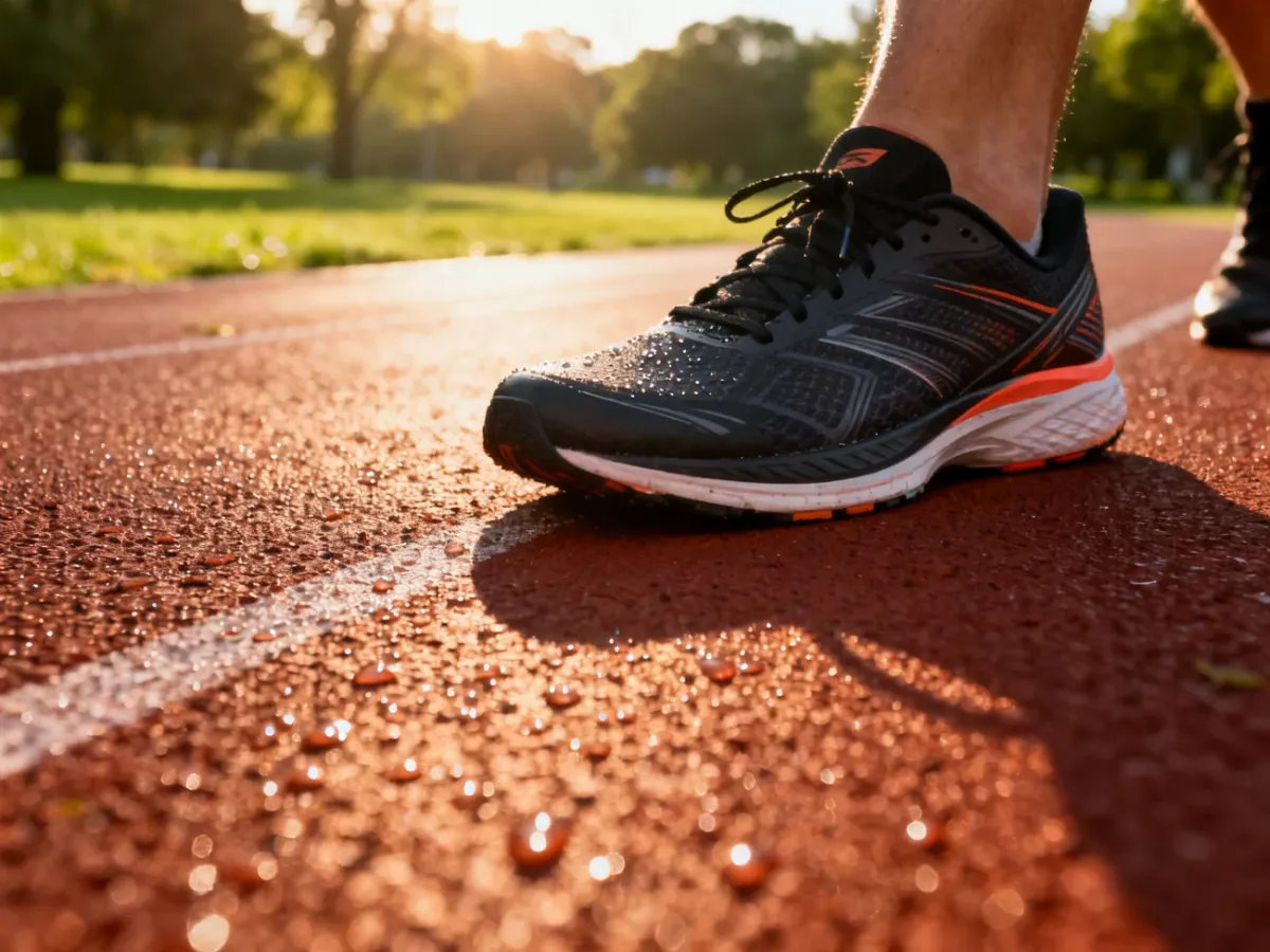 Profesjonalne buty do biegania na bieżni lekkoatletycznej o poranku, symbolizujące gotowość do treningu.