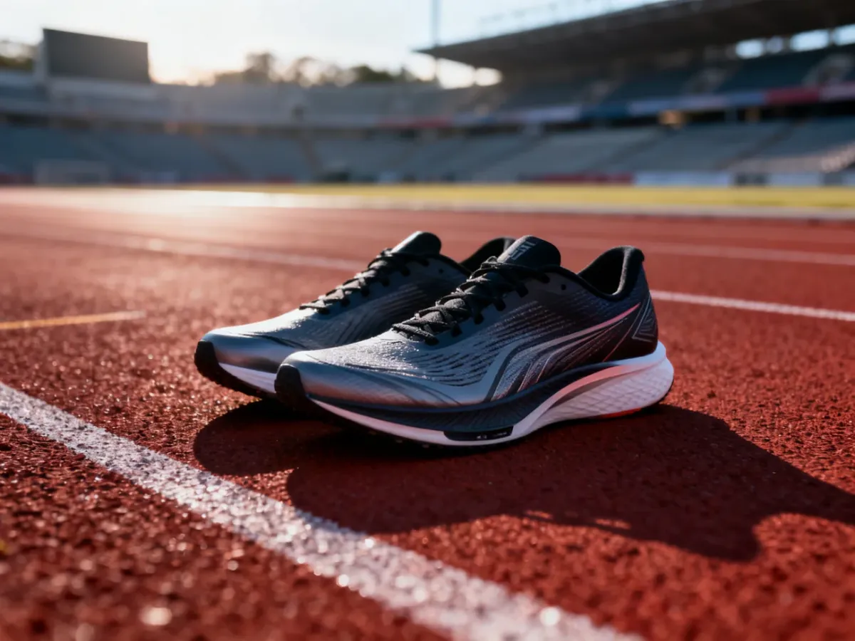 Profesjonalne buty biegowe na bieżni lekkoatletycznej, gotowe do treningu szybkościowego.