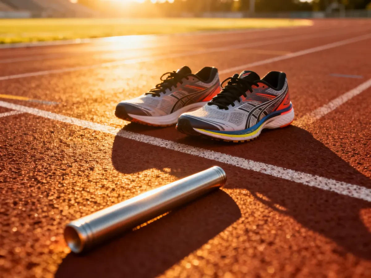 Profesjonalne buty do biegania i pałeczka sztafetowa na linii startu stadionu lekkoatletycznego w blasku porannego słońca.
