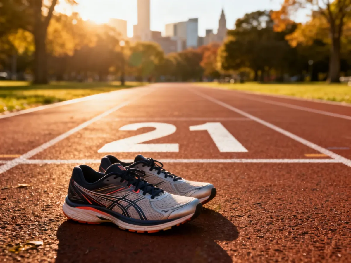 Profesjonalne buty do biegania na tle asfaltowej bieżni z niewyraźnym oznaczeniem dystansu 21 km w słoneczny poranek.