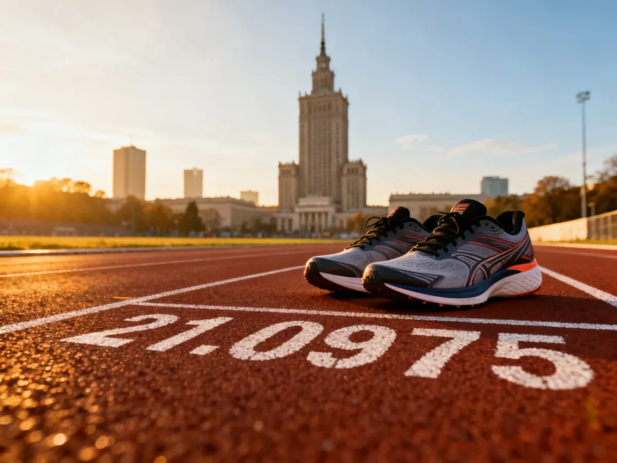 Profesjonalne buty do biegania na bieżni z oznaczeniem dystansu półmaratonu na tle panoramy Warszawy.