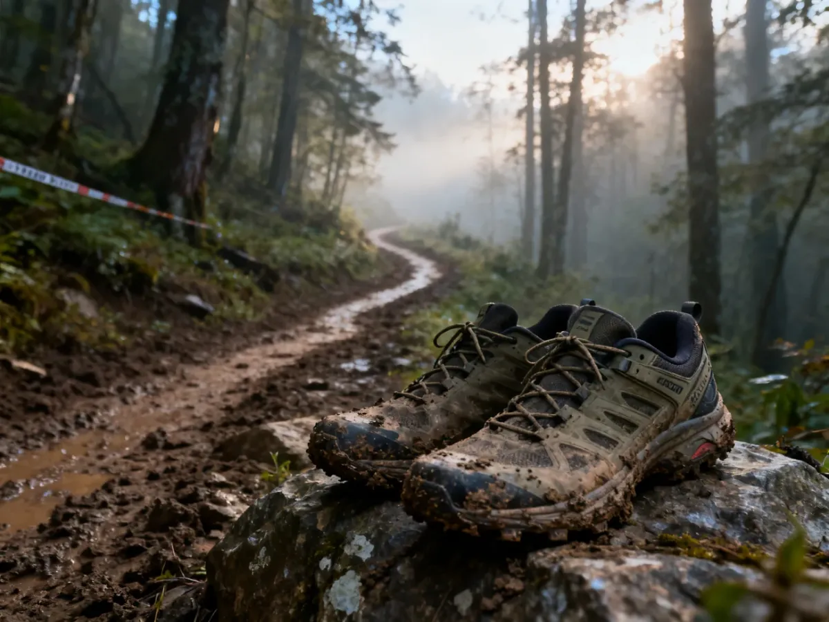 Zabłocone buty do biegania na leśnej ścieżce w porannej mgle, nawiązujące do trudnych warunków Półmaratonu Komandosa.