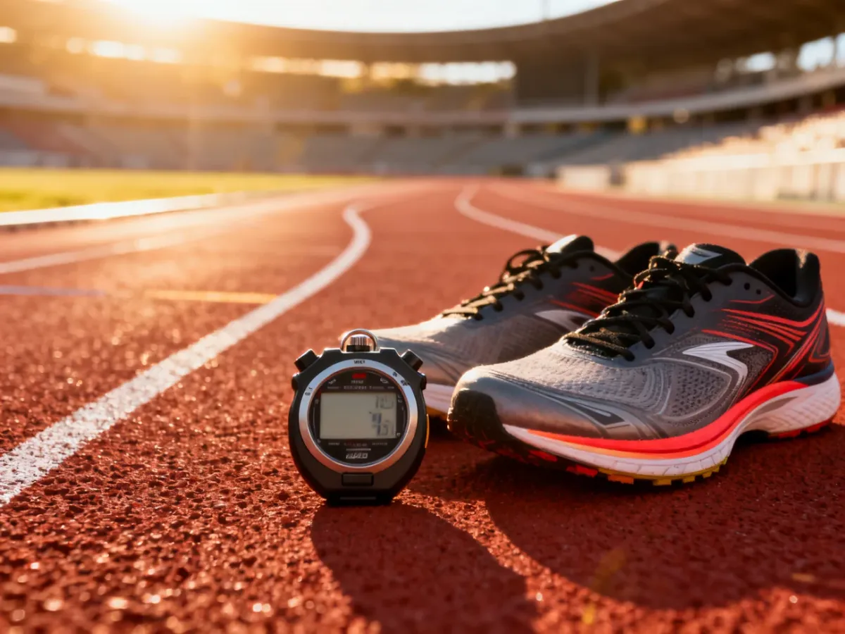 Profesjonalne buty do biegania i stoper na bieżni lekkoatletycznej w świetle porannego słońca.