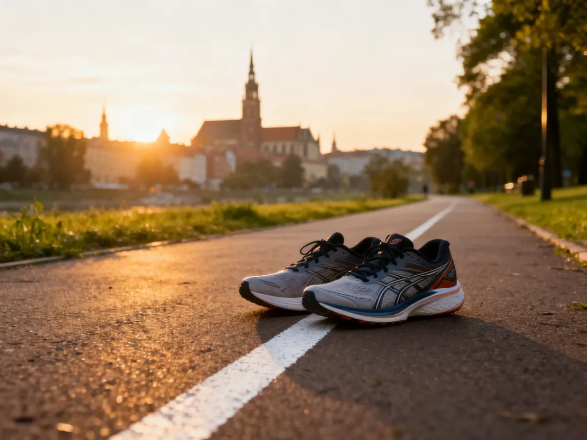 Profesjonalne buty do biegania na ścieżce w parku o wschodzie słońca z rozmytą panoramą Wrocławia w tle.