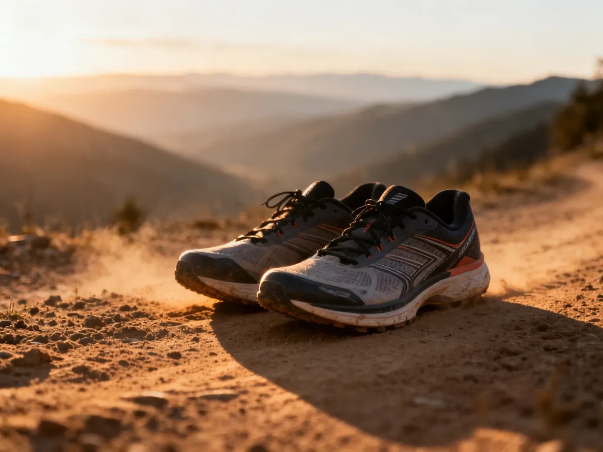 Profesjonalne buty do biegania na górskiej ścieżce o świcie, symbolizujące przygotowania do ultramaratonu.