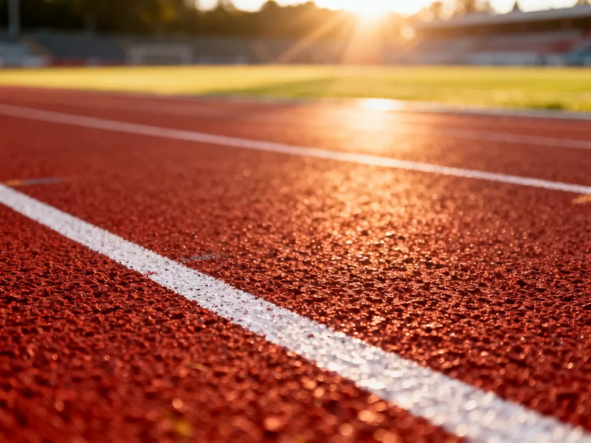 Zbliżenie na czerwoną nawierzchnię bieżni lekkoatletycznej z białymi liniami w promieniach porannego słońca.